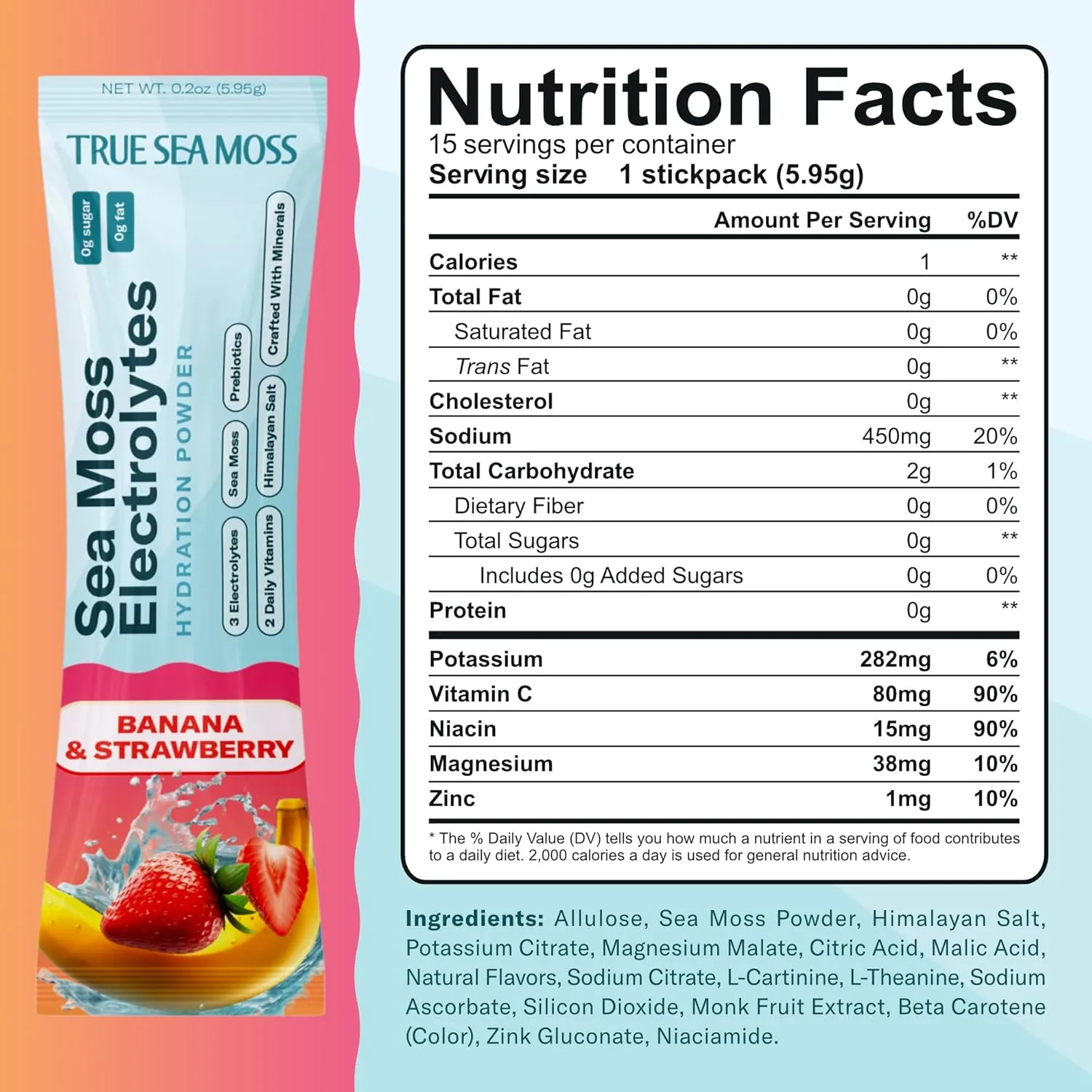 TrueSeaMoss Electrolytes Powder Packets – Made in USA – 15 Stickpacks – Hydration Powder with Sea Moss with Potassium – No Sugar Drinks – Banana & Strawberry - Image 2