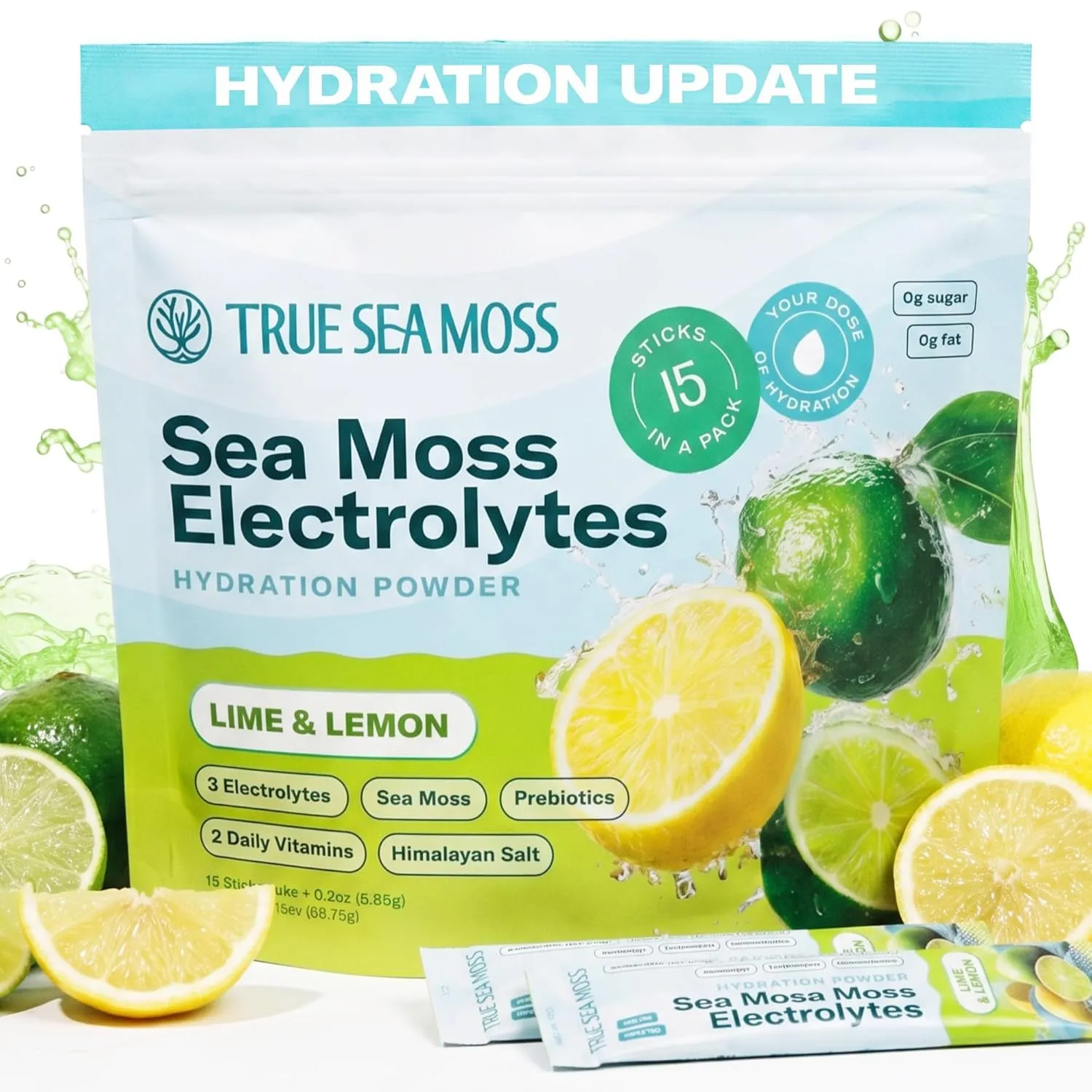 TrueSeaMoss Electrolytes Powder Packets – Made in USA – 15 Stickpacks – Hydration Powder with Sea Moss with Potassium – No Sugar Drinks – Lime & Lemon