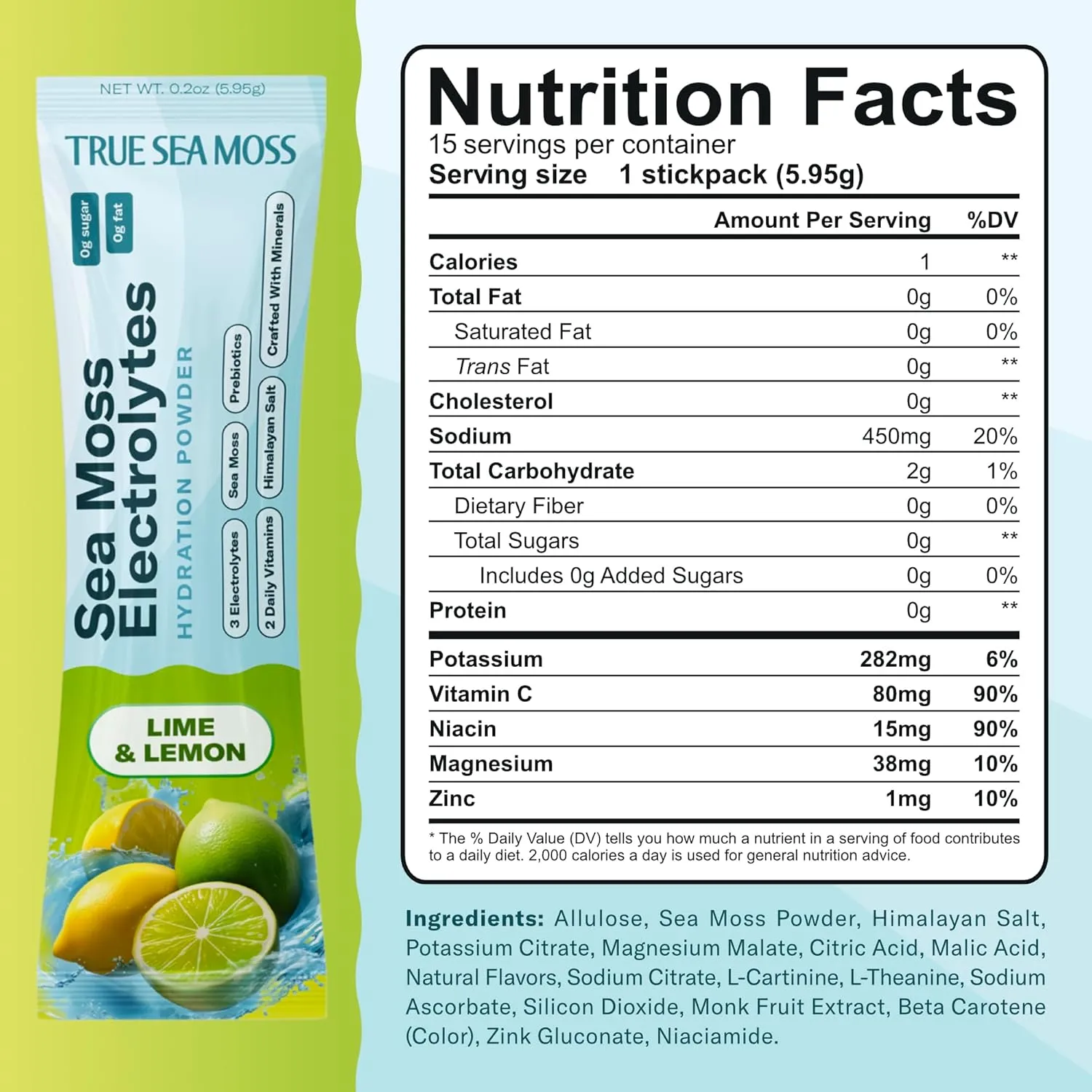 TrueSeaMoss Electrolytes Powder Packets – Made in USA – 15 Stickpacks – Hydration Powder with Sea Moss with Potassium – No Sugar Drinks – Lime & Lemon - Image 2