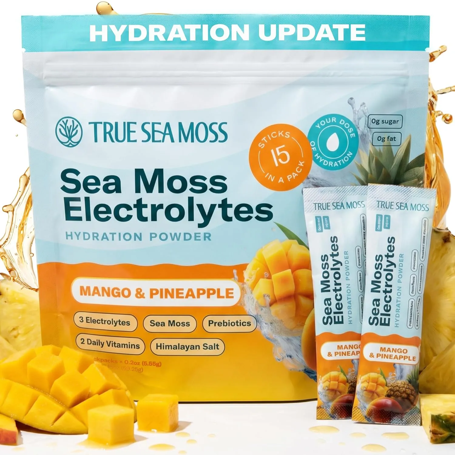 TrueSeaMoss Electrolytes Powder Packets – Made in USA – 15 Stickpacks – Hydration Powder with Sea Moss with Potassium – No Sugar Drinks – Mango & Pineapple
