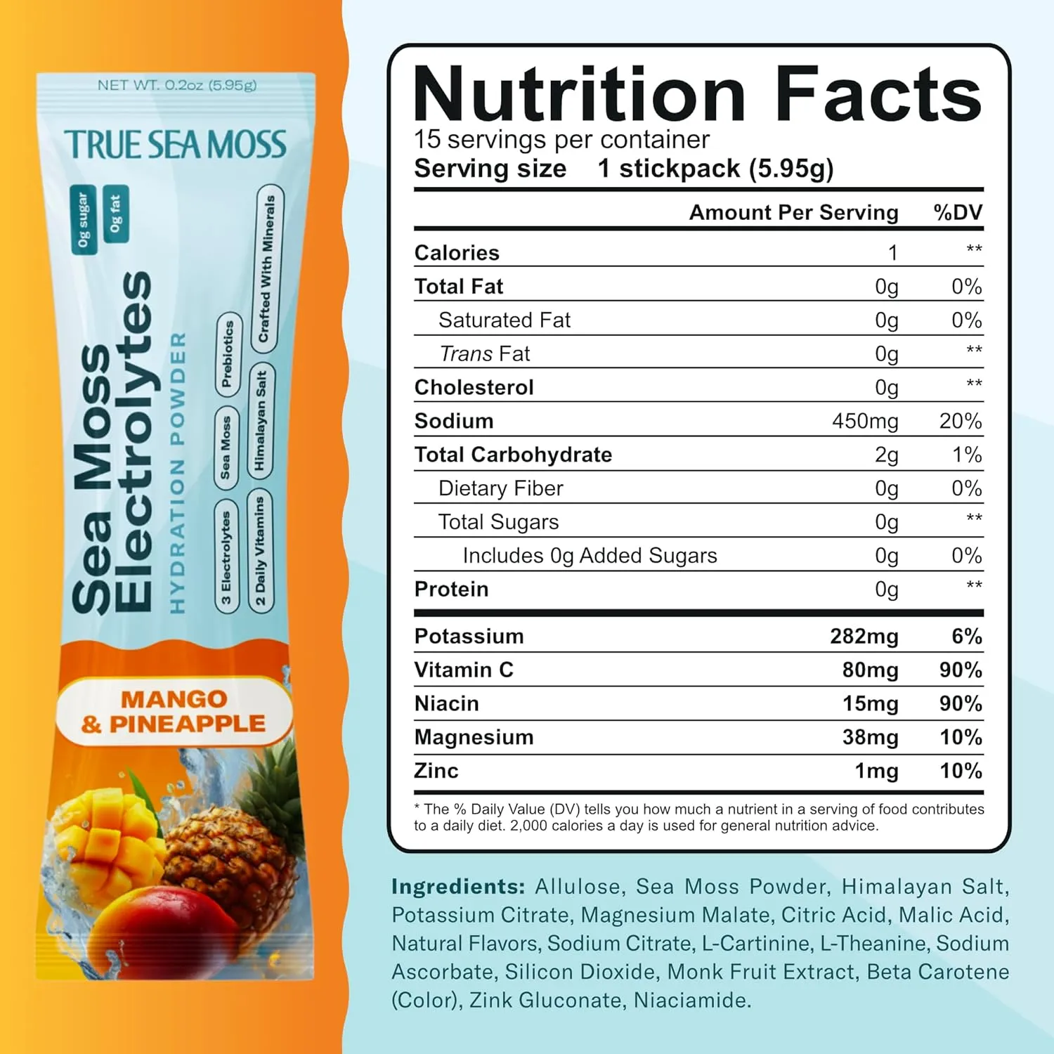 TrueSeaMoss Electrolytes Powder Packets – Made in USA – 15 Stickpacks – Hydration Powder with Sea Moss with Potassium – No Sugar Drinks – Mango & Pineapple - Image 2