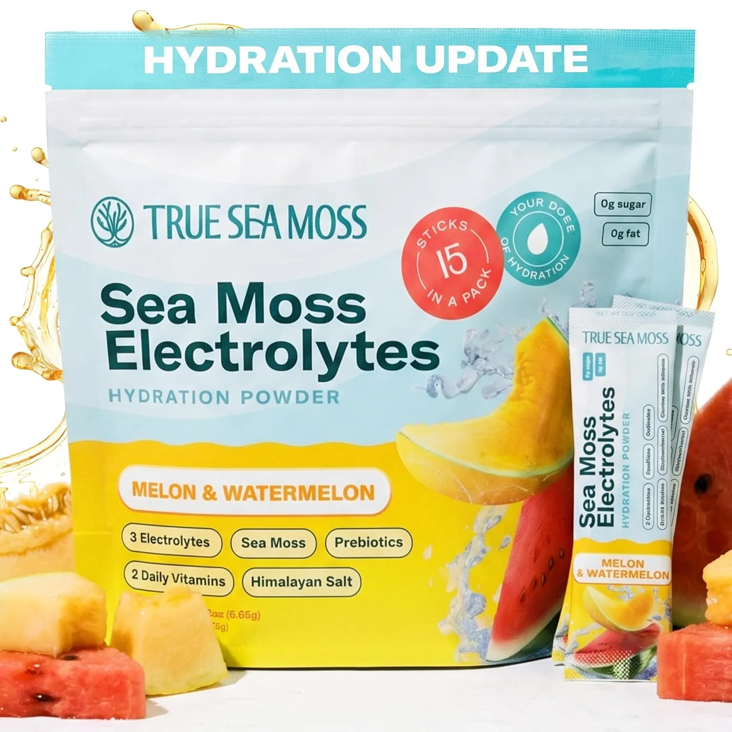 TrueSeaMoss Electrolytes Powder Packets – Made in USA – 15 Stickpacks – Hydration Powder with Sea Moss with Potassium – No Sugar Drinks – Melon & Watermelon