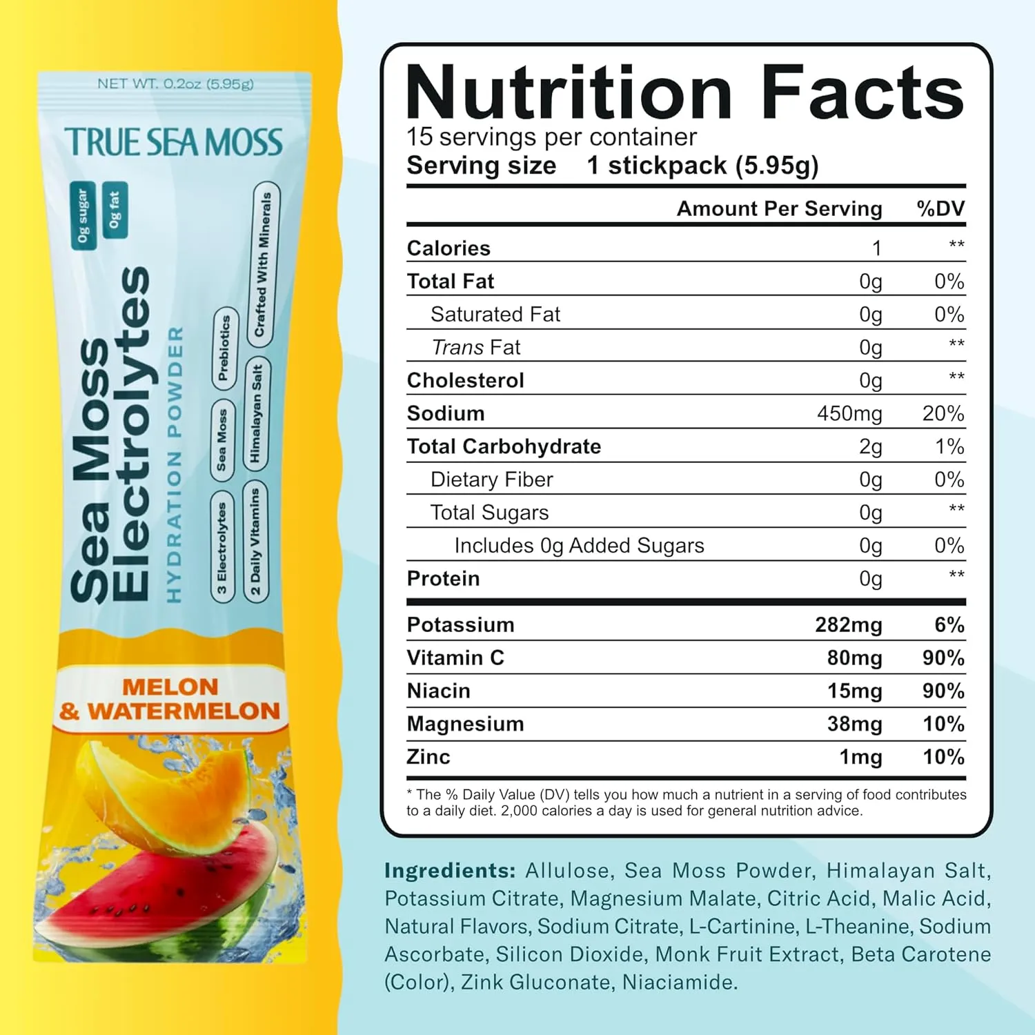 TrueSeaMoss Electrolytes Powder Packets – Made in USA – 15 Stickpacks – Hydration Powder with Sea Moss with Potassium – No Sugar Drinks – Melon & Watermelon - Image 2