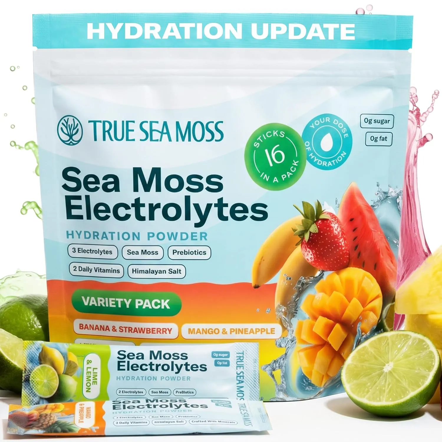 TrueSeaMoss Electrolytes Powder Packets – Made in USA – 16 Stickpacks – Hydration Powder with Sea Moss with Potassium – No Sugar Drinks – Variety Pack