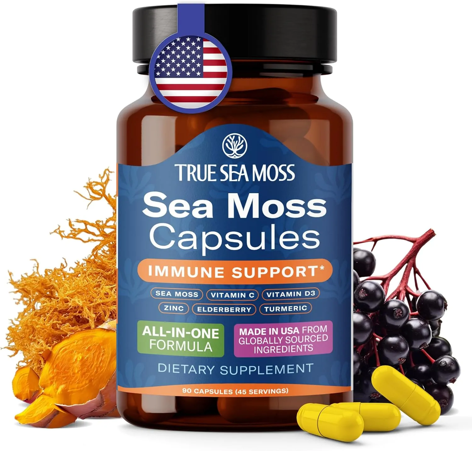TrueSeaMoss Sea Moss Capsules – Immune Support – Sea Moss, Vitamin C, D3, Elderberry, Zinc, Turmeric, Astragalus – 90 Capsules (45 Servings)