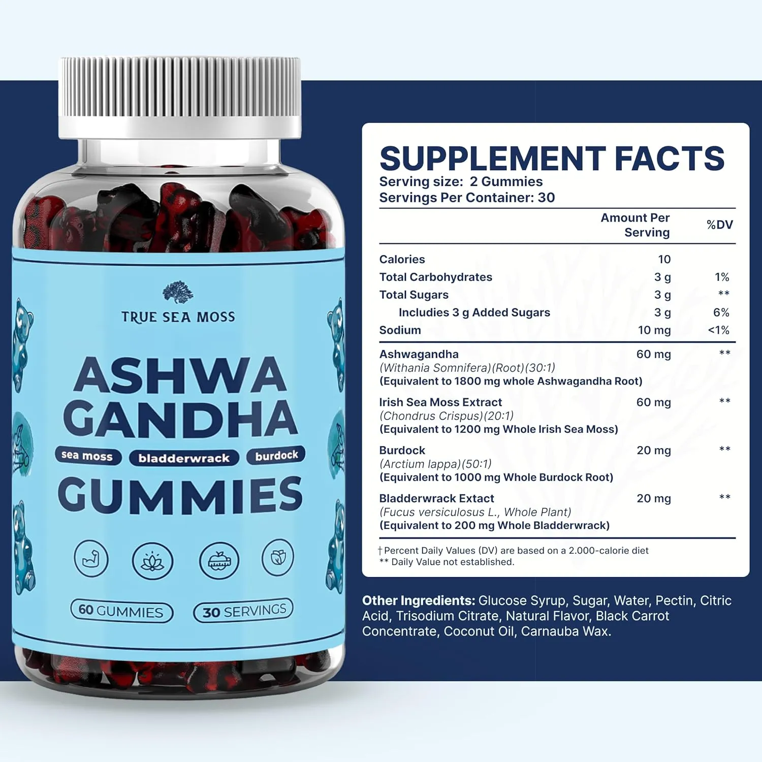 TrueSeaMoss Sea Moss Gummies with Ashwagandha, Burdock Root & Bladderwrack – for Adults & Kids 4+, Fruity Flavor – 60 Gummies - Image 2