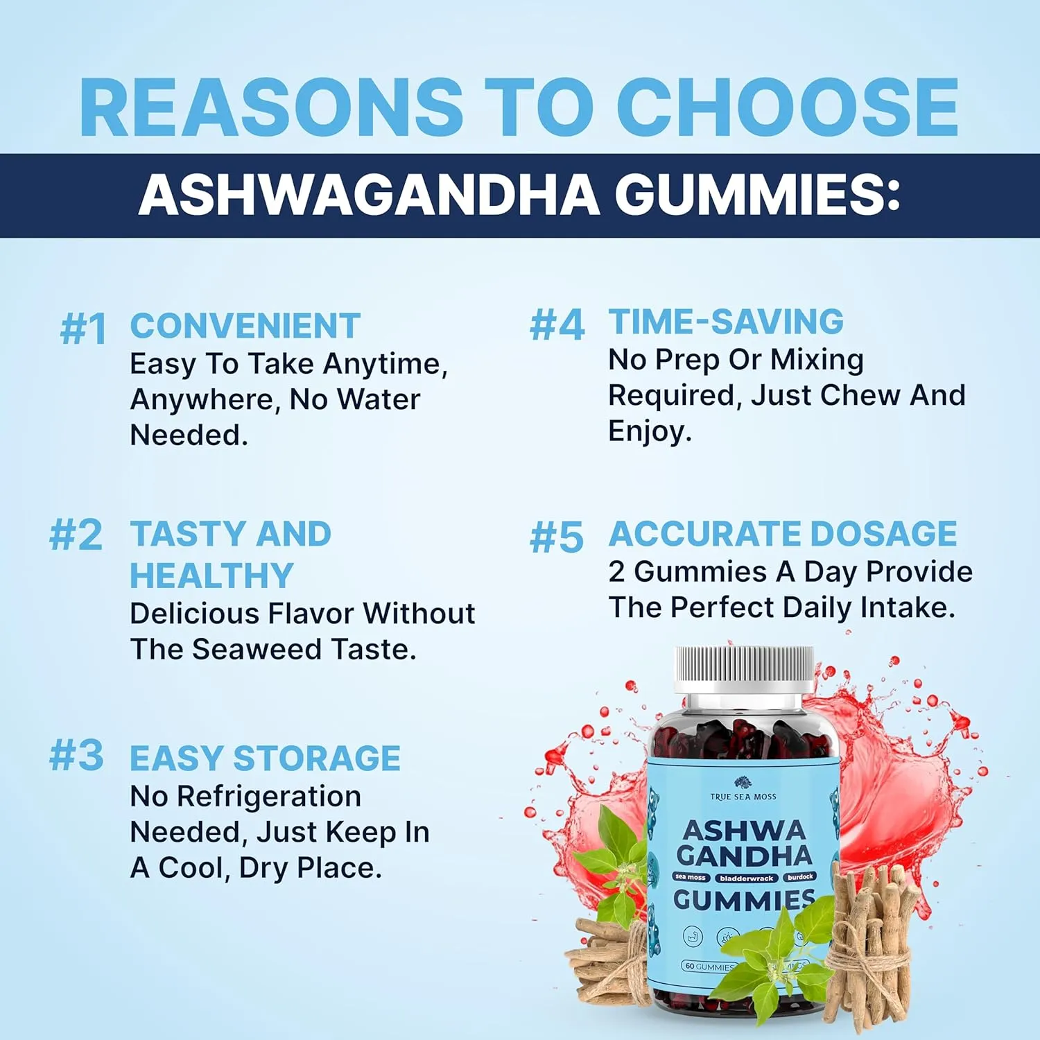 TrueSeaMoss Sea Moss Gummies with Ashwagandha, Burdock Root & Bladderwrack – for Adults & Kids 4+, Fruity Flavor – 60 Gummies - Image 3